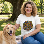 Woman sitting outdoors with a dog, wearing a white t-shirt with a colorful dog design.