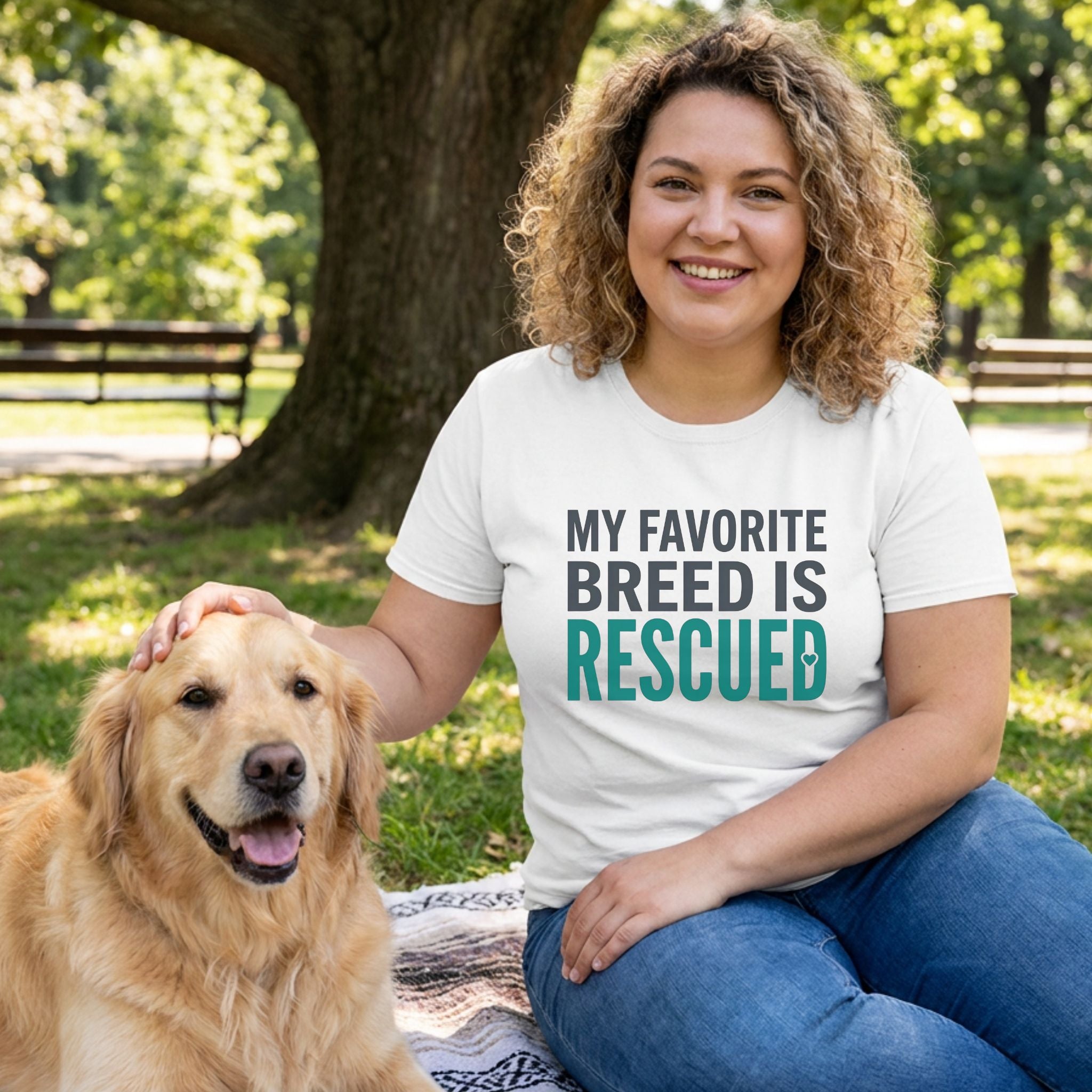 Woman in white "My Favorite Breed Is Rescued" t-shirt petting a golden retriever in a park.