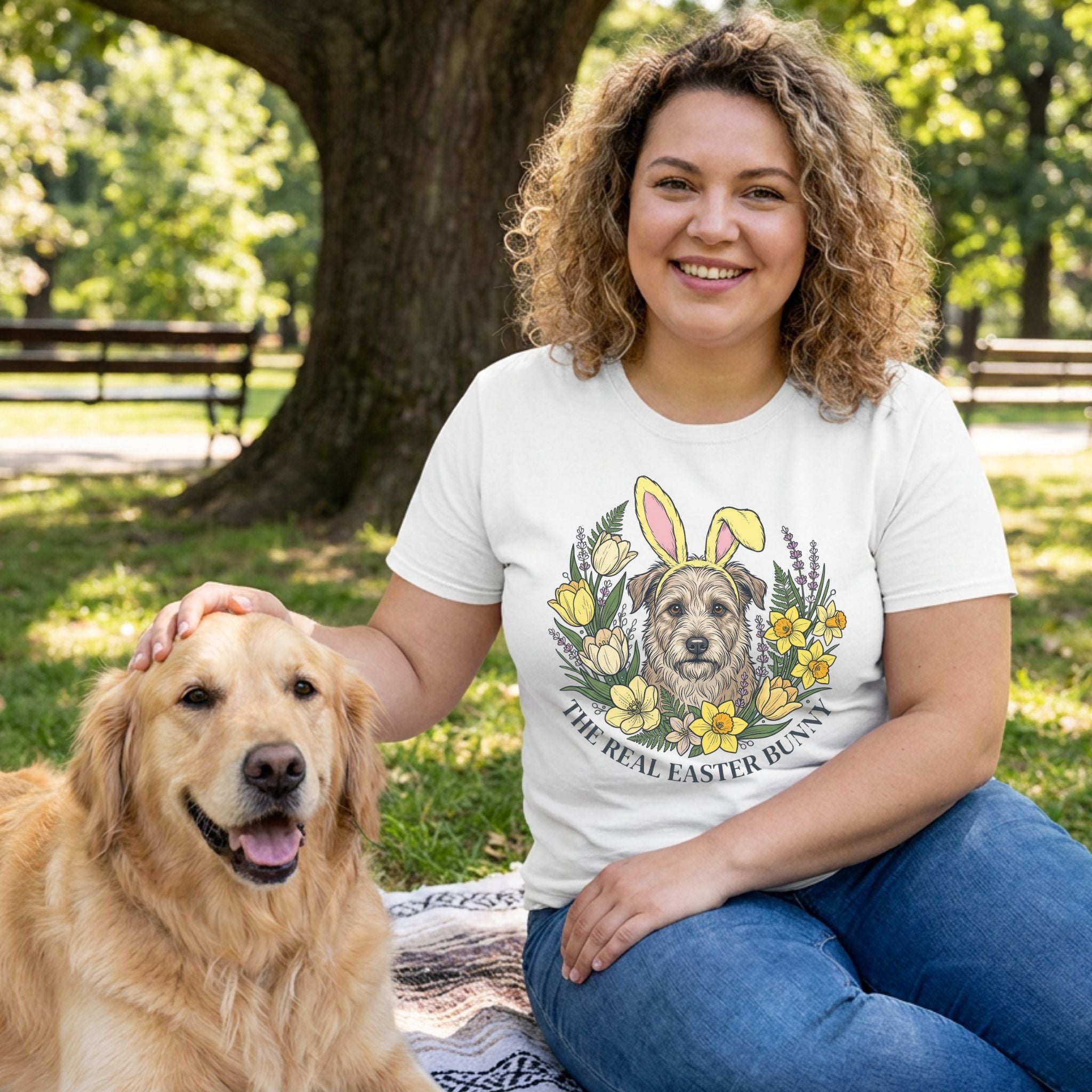 Woman in white "The Real Easter Bunny" t-shirt with a dog in a floral wreath, petting a golden retriever.