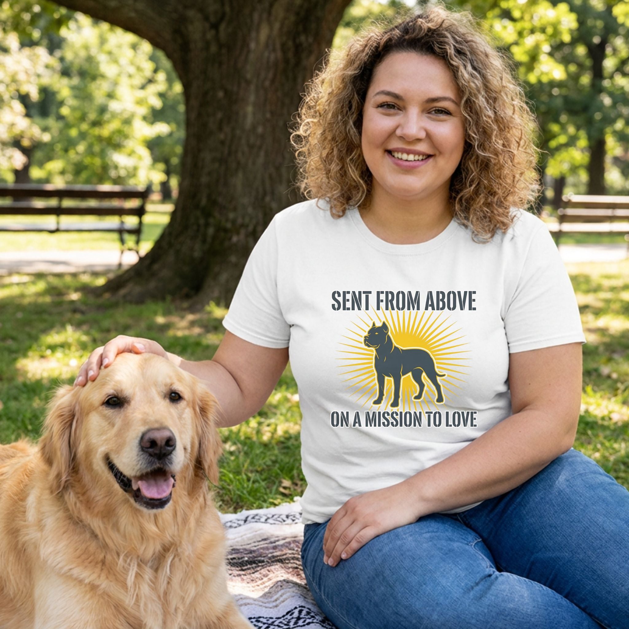 Woman in a white "Sent From Above" t-shirt with a dog graphic, petting a golden retriever in a park.