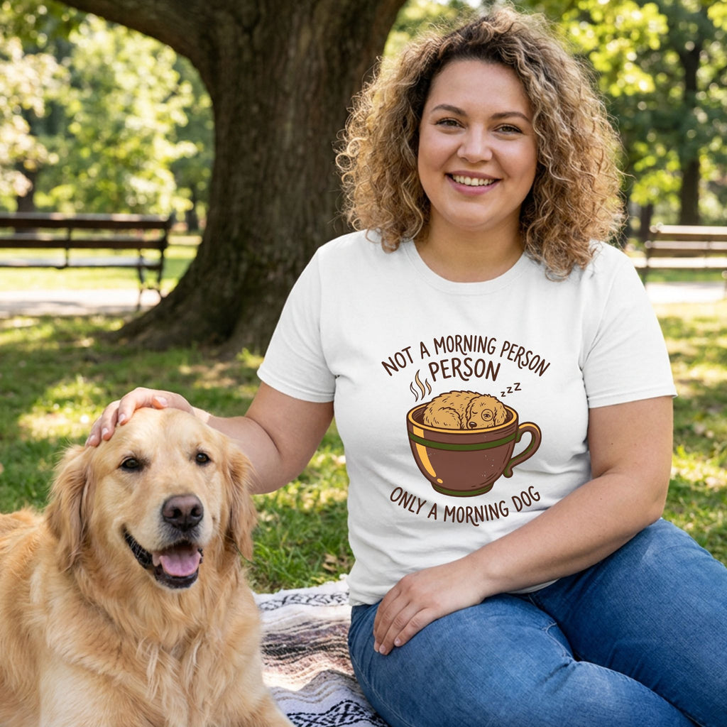 Woman in a white Gildan Softstyle tee with "Not a Morning Person, Only a Morning Dog" graphic, petting a golden retriever.
