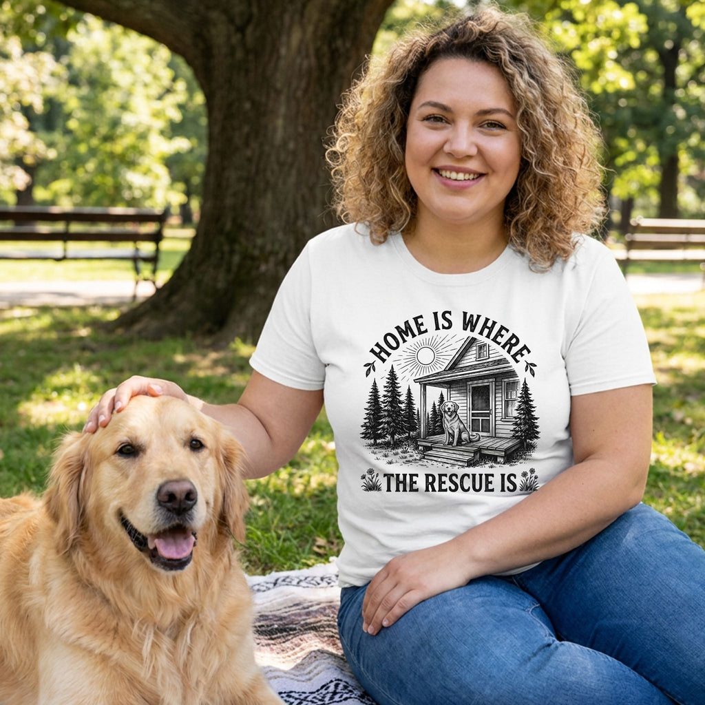 Woman in a white Gildan Softstyle® tee with "Home Is Where The Rescue Is" graphic, petting a golden retriever.