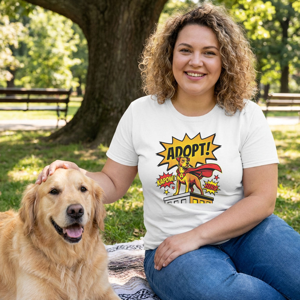 Woman in white "Adopt Dog Comic" tee with a superhero dog graphic, petting a golden retriever in a park.