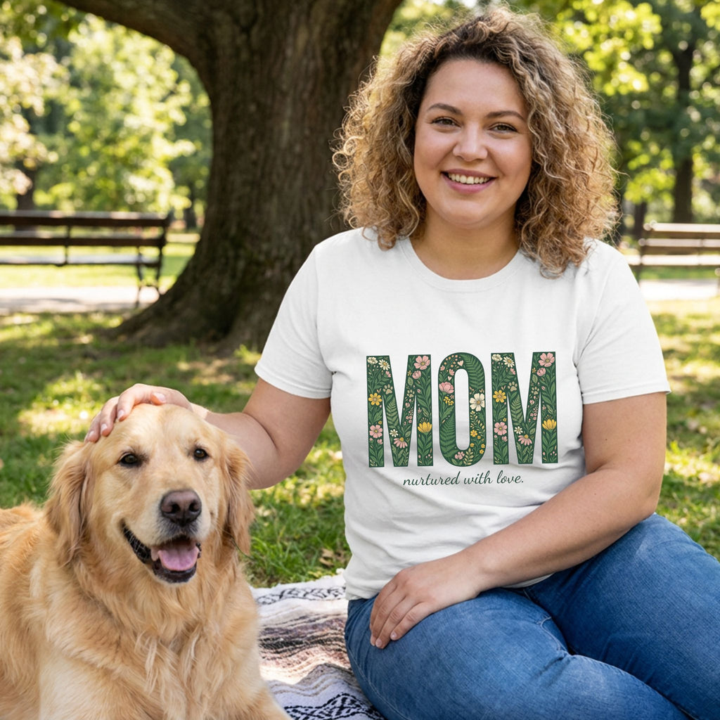 Woman in white "MOM nurtured with love" t-shirt petting a golden retriever in a park.