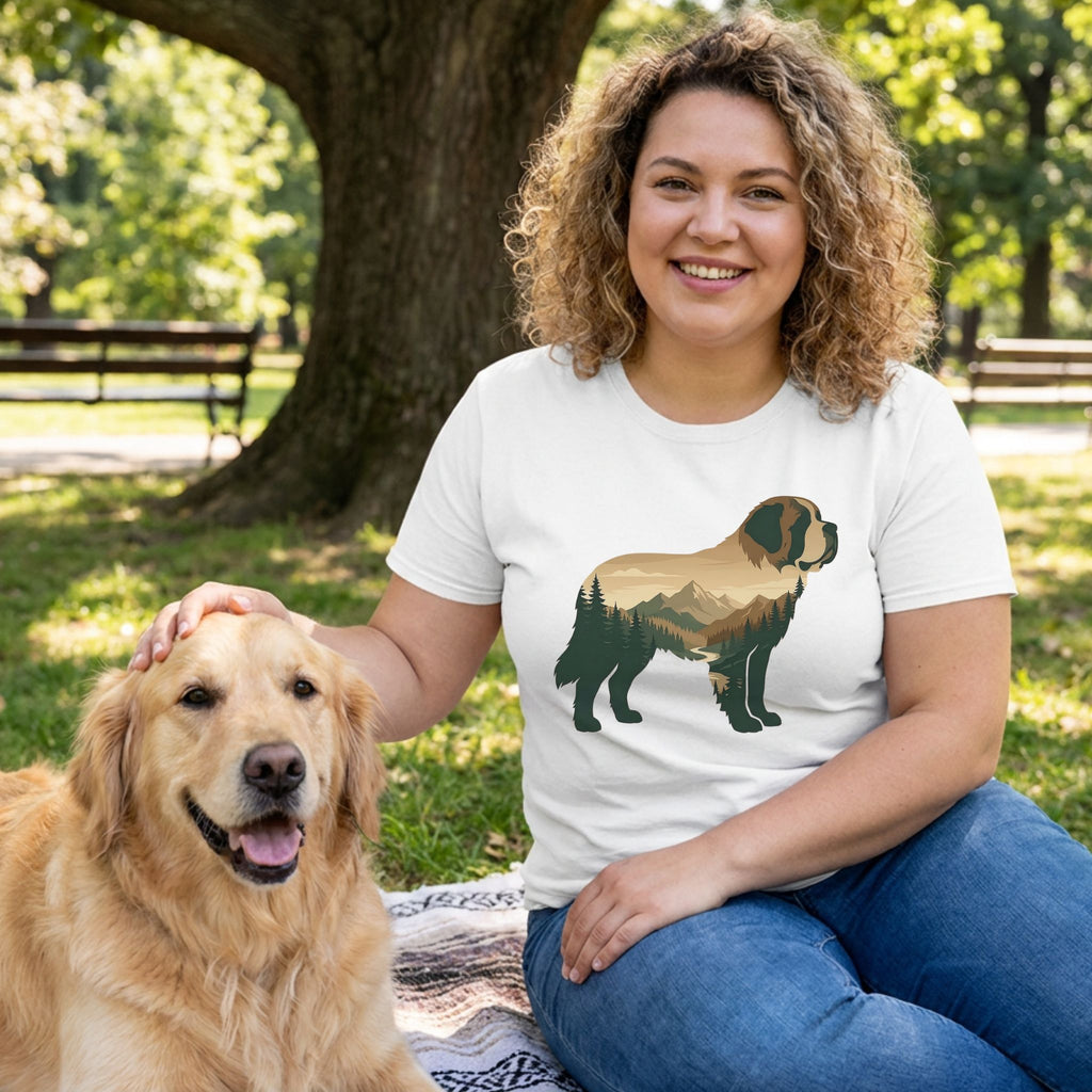 Woman in white Mountain Dog T-Shirt with nature design, petting a golden retriever in a park.