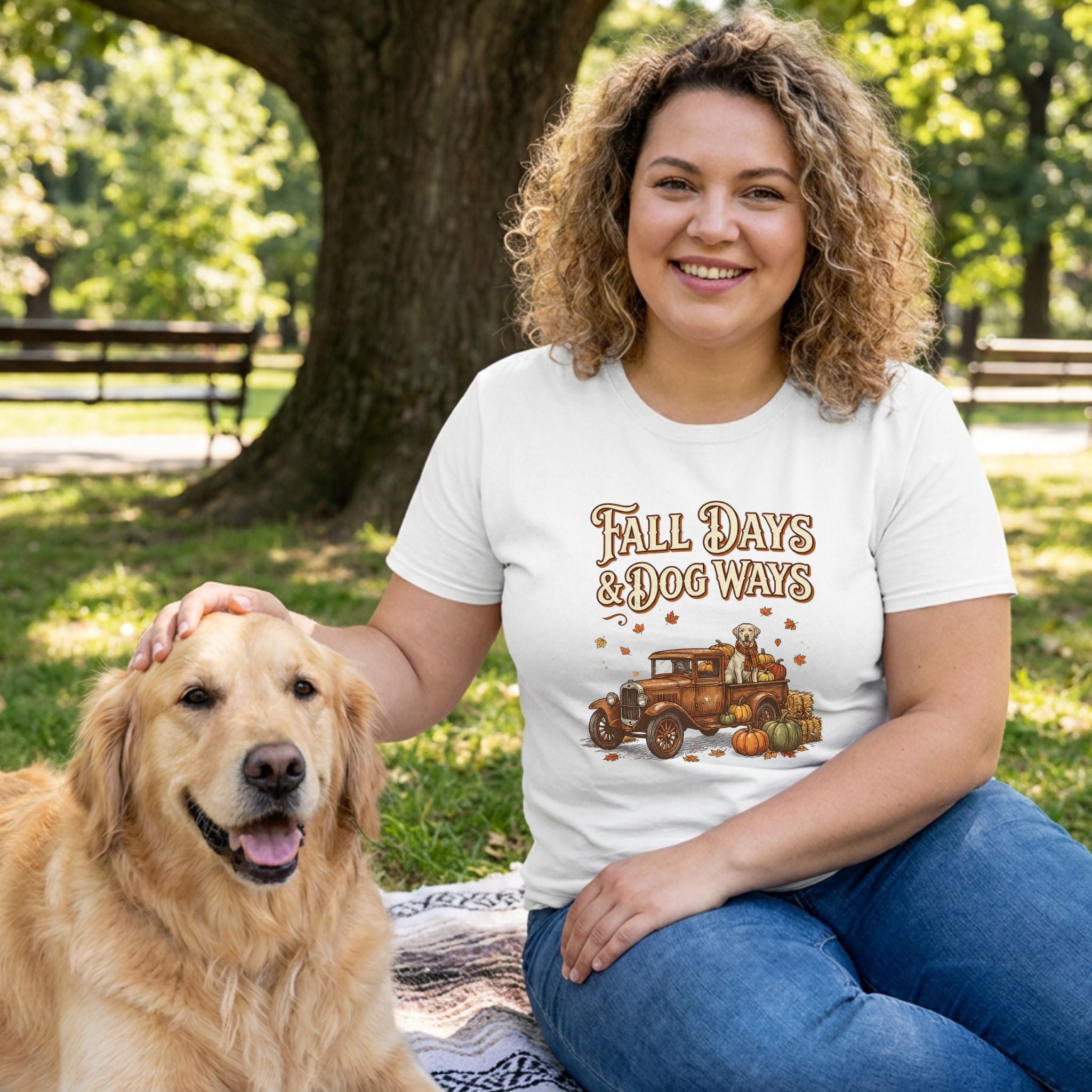Woman in a white "Fall Days & Dog Ways" Gildan Softstyle t-shirt petting a golden retriever in a park.