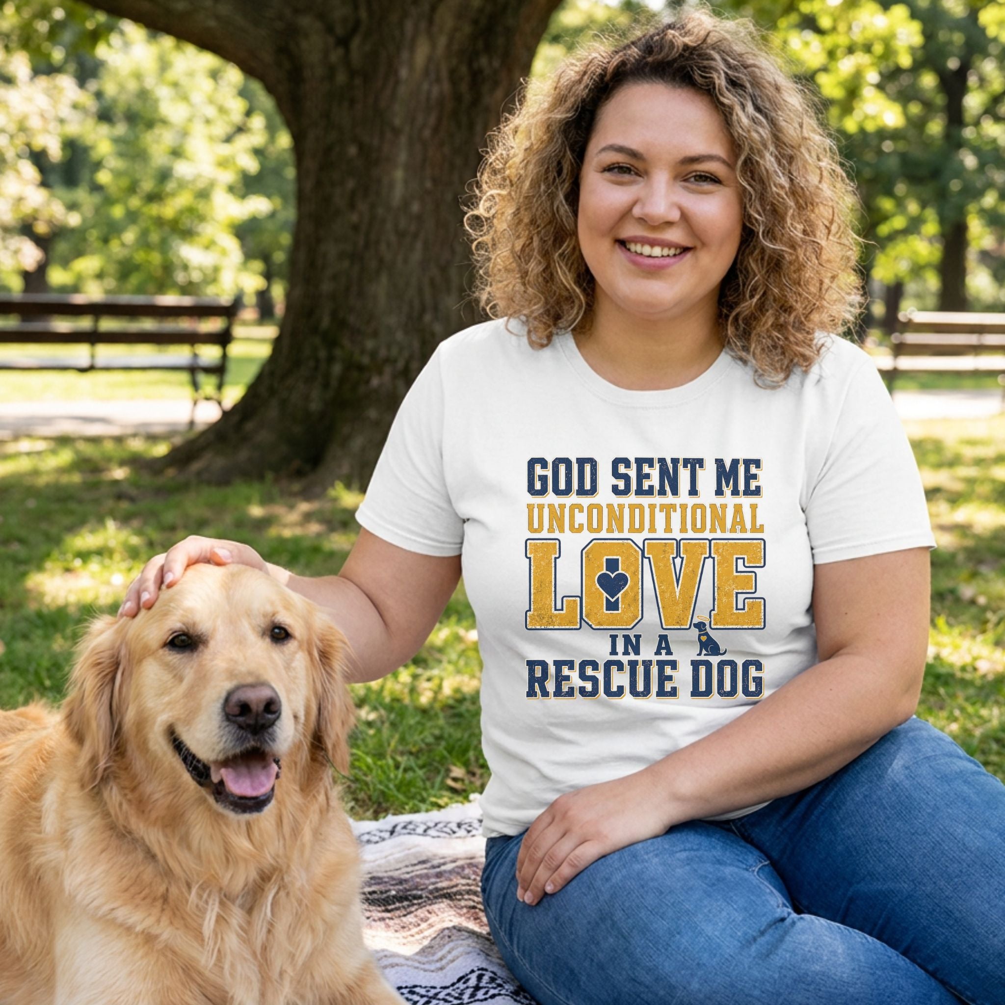 Woman in white "God Sent Me Unconditional Love In A Rescue Dog" tee petting a golden retriever in a park.
