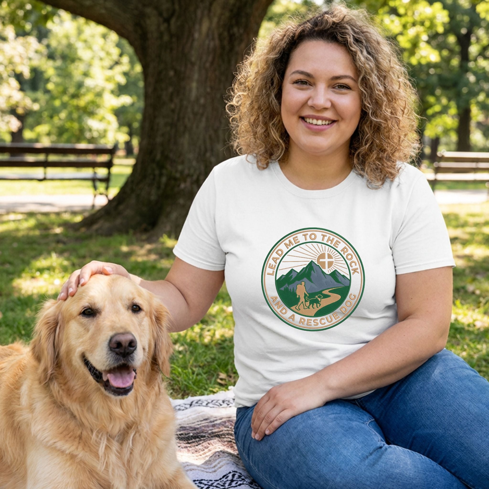 Woman in a white Gildan Softstyle® tee with "Lead Me To The Rock And A Rescue Dog" graphic, petting a golden retriever.
