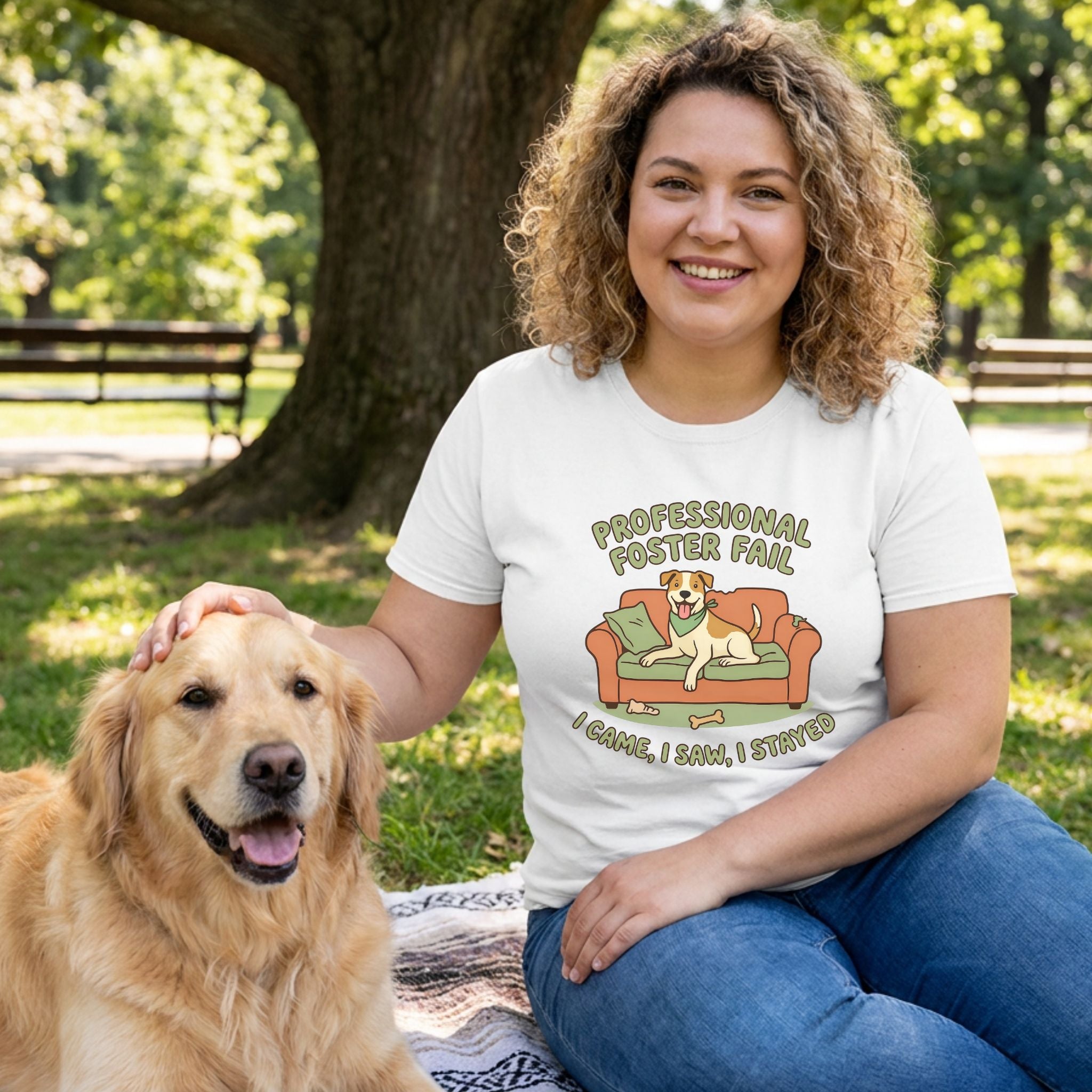 Woman in a white "Professional Foster Fail" tee with a dog graphic, petting a golden retriever in a park.