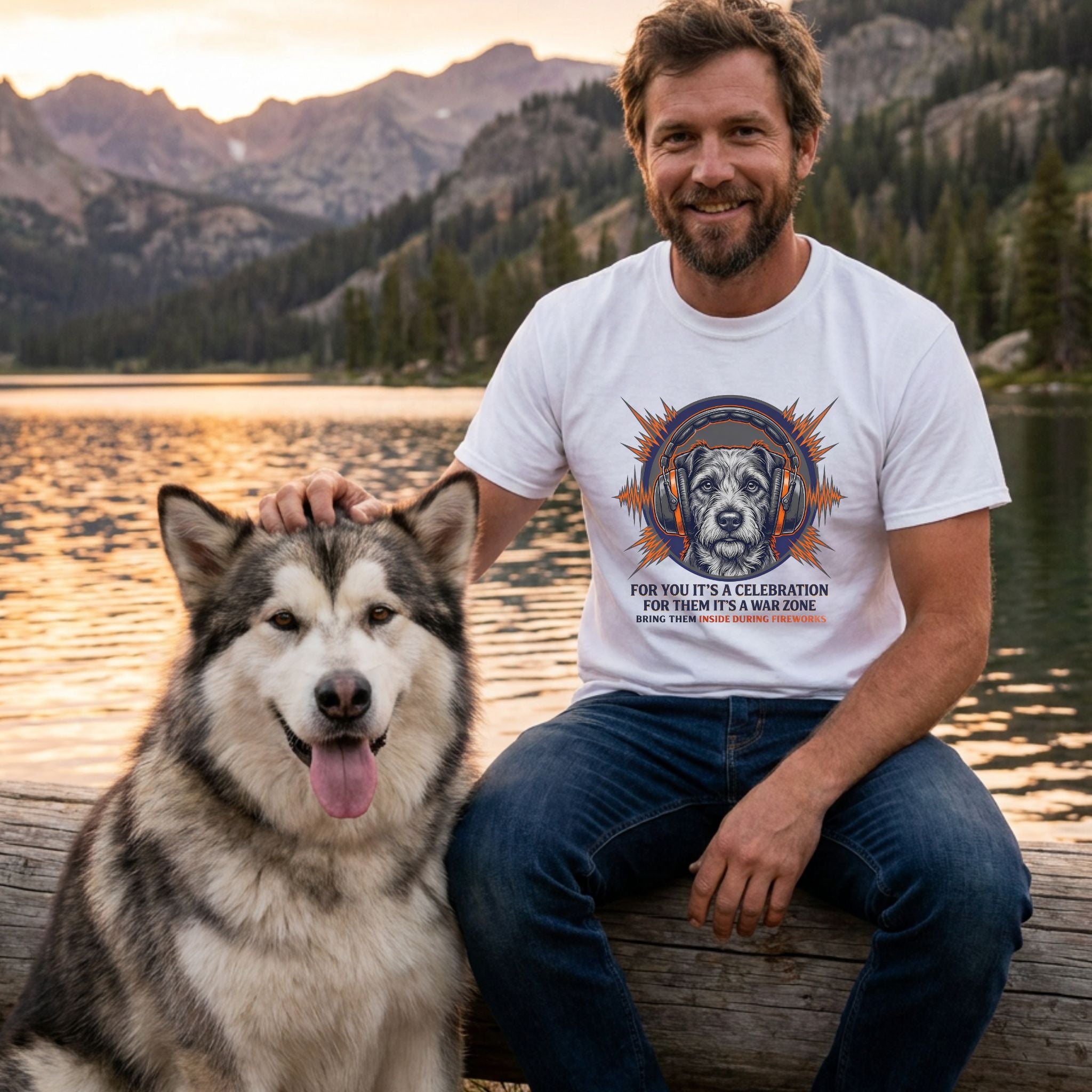 Man in white Gildan Softstyle® tee with "For Them It's War" rescue dog graphic, petting a malamute.