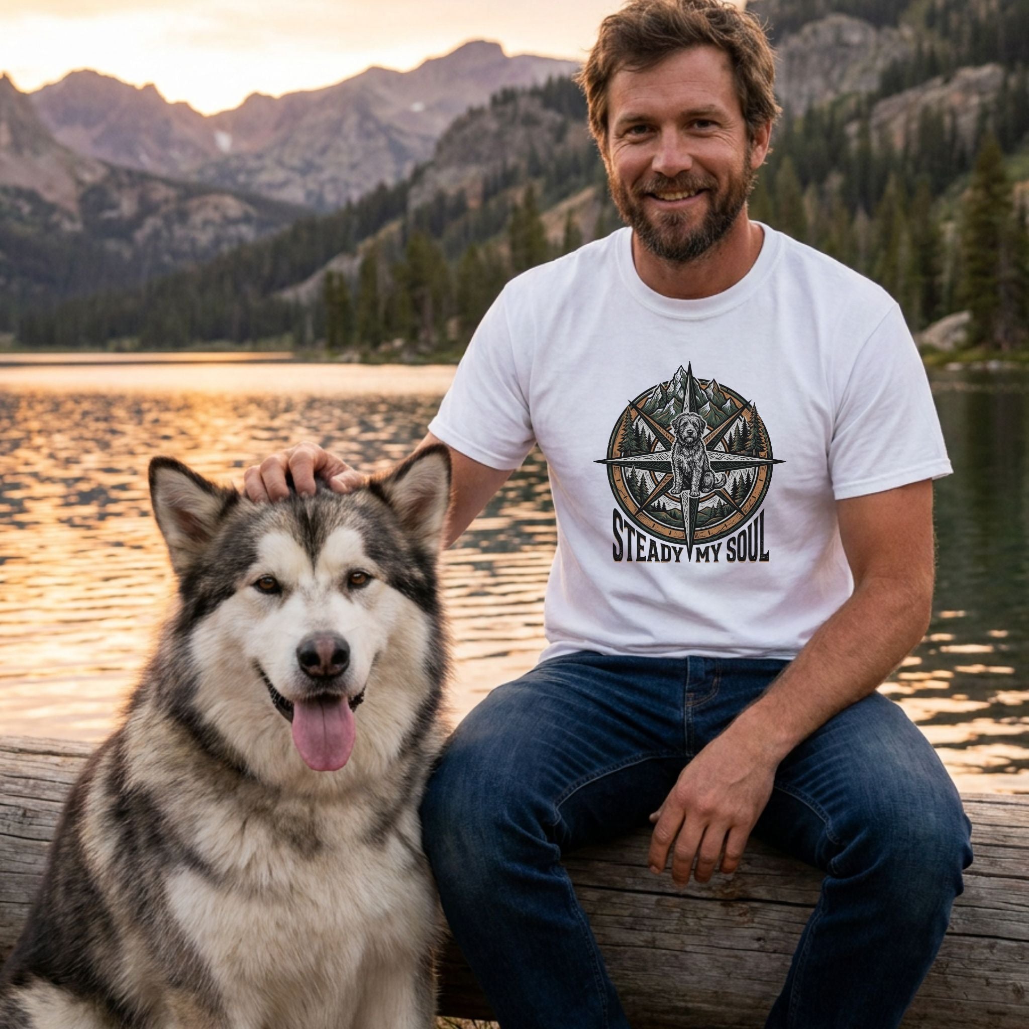 Man in white "Steady My Soul" Gildan Softstyle t-shirt with a compass and dog design, petting a Malamute by a lake.