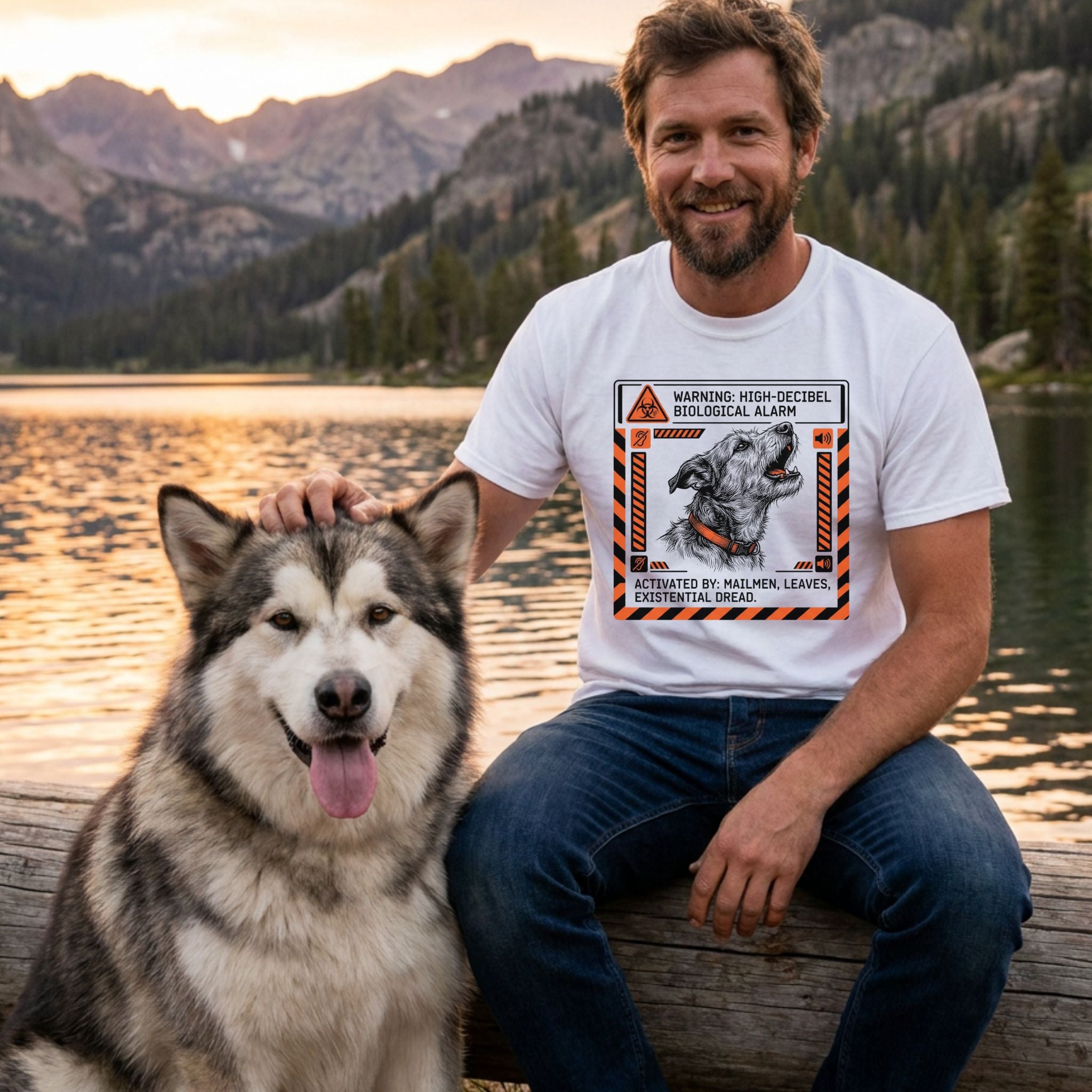 Man in white "Biological Alarm" tee with howling dog graphic, petting a Malamute by a lake at sunset.