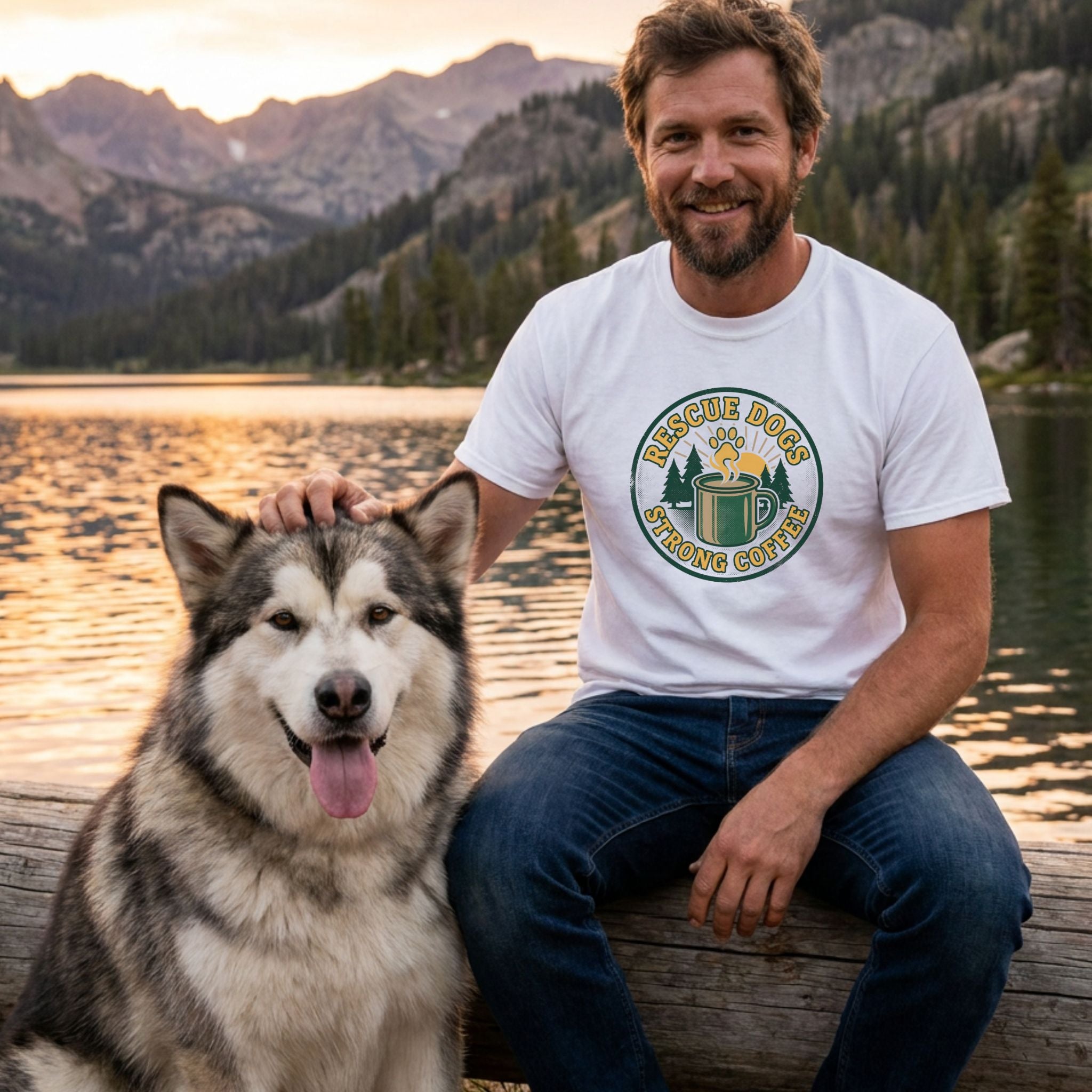 Man in white "Rescue Dogs & Strong Coffee" tee petting a Malamute by a lake at sunset.