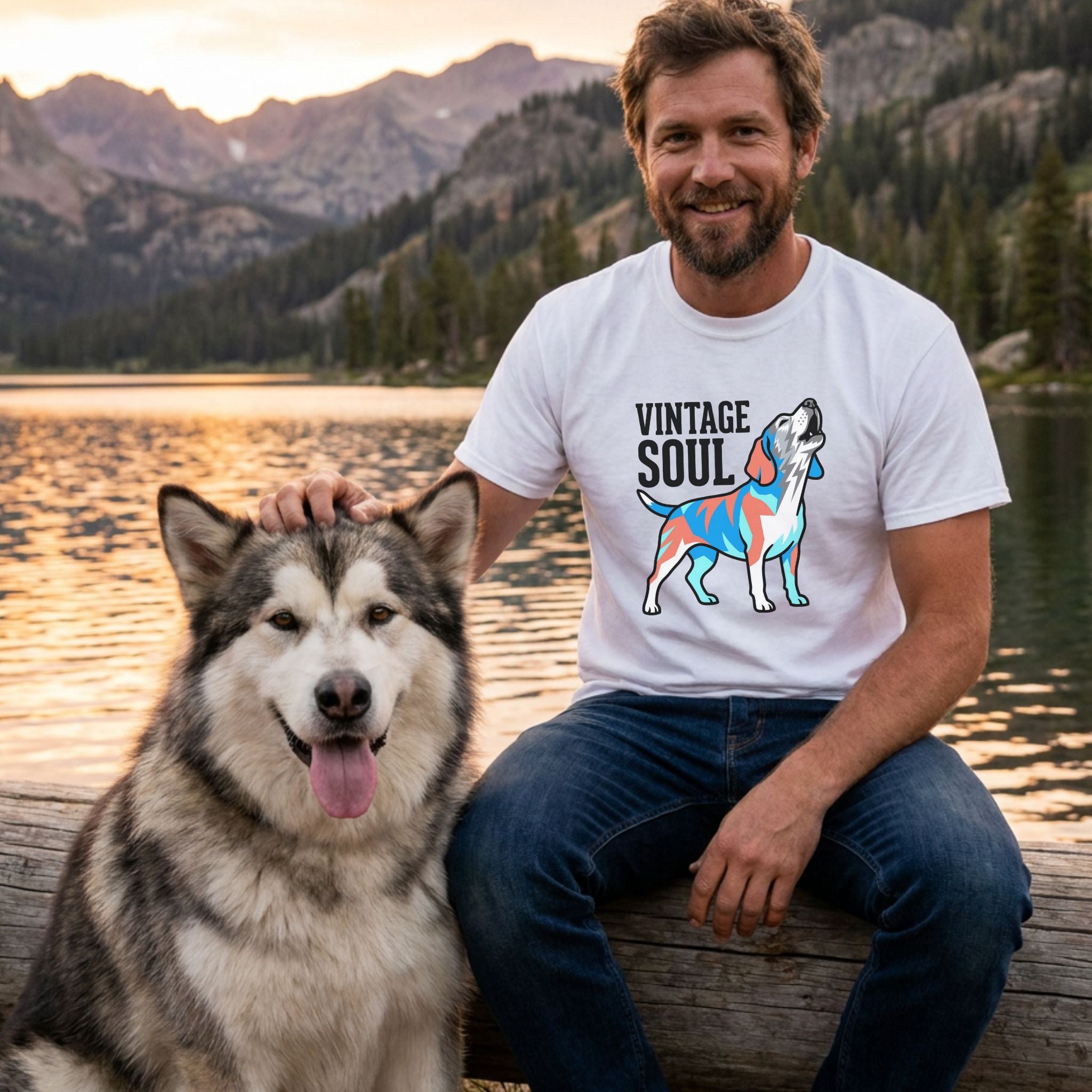 Man in white "Vintage Soul" t-shirt with colorful howling dog graphic, petting a fluffy Malamute by a lake.