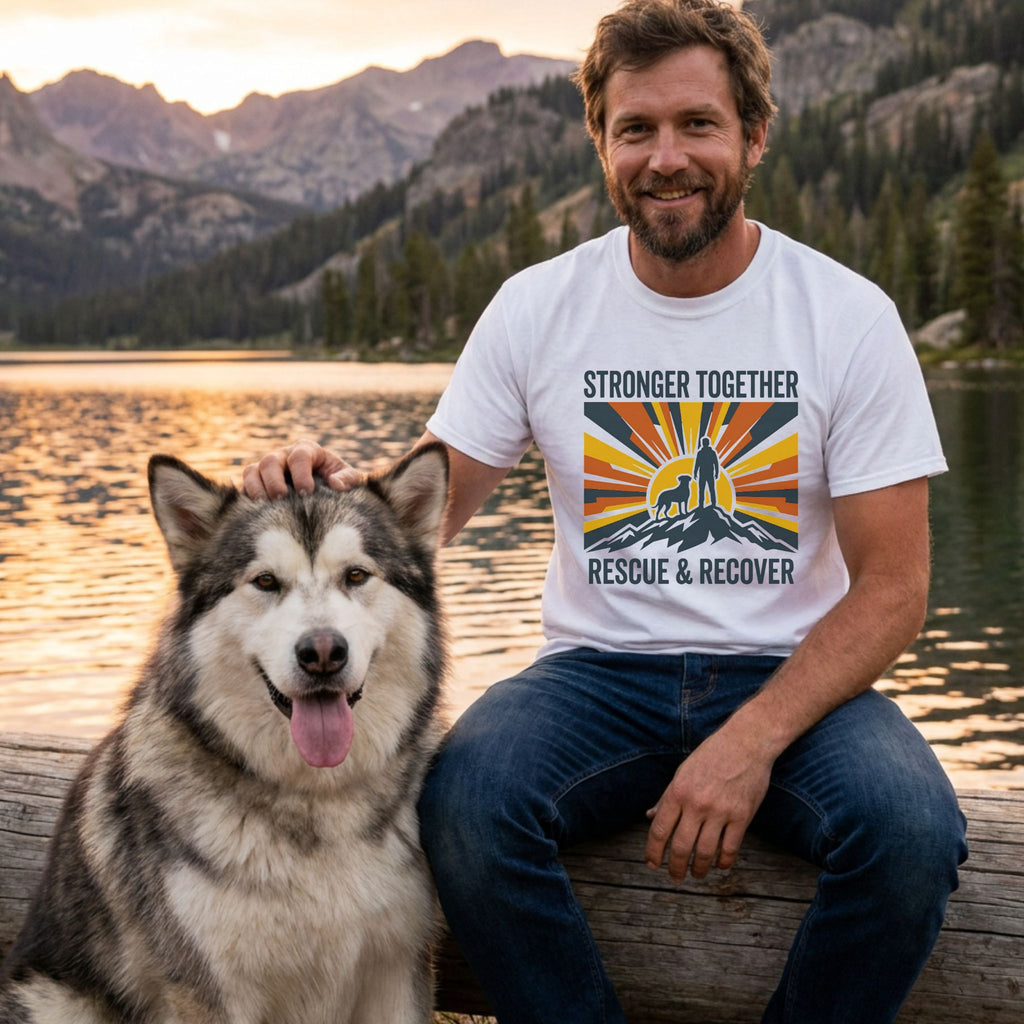 Man in white "Stronger Together Rescue & Recover" tee with a Malamute, sitting by a lake at sunset.