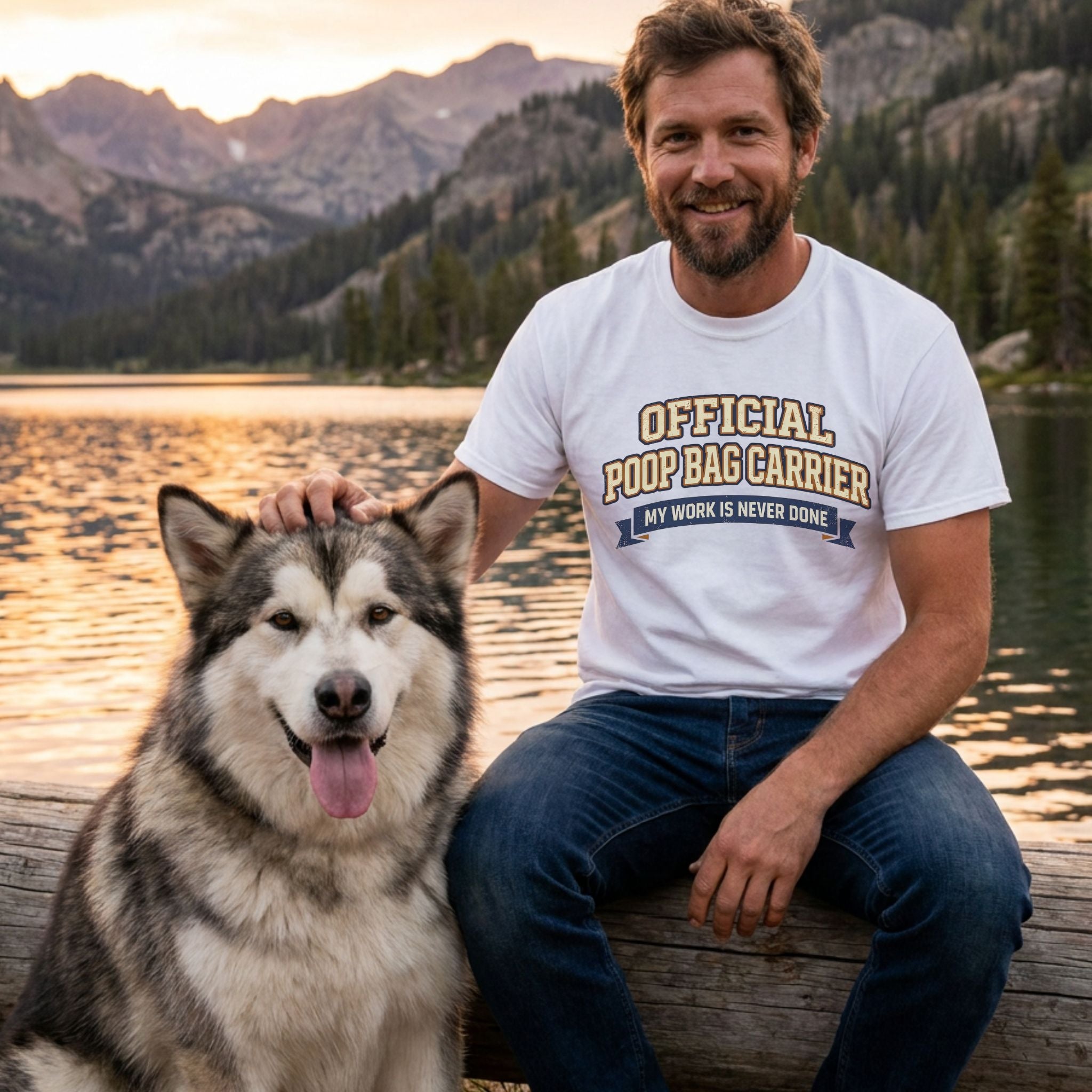Man in white "Official Poop Bag Carrier" t-shirt petting a Malamute by a lake at sunset.