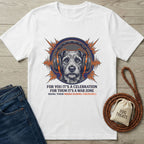 White Gildan Softstyle® 64000 t-shirt with a graphic of a dog wearing headphones and text about fireworks.