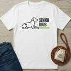 White cotton t-shirt with black outline of a dog and "SENIOR DOGS LIMITED EDITION" text in black and green.