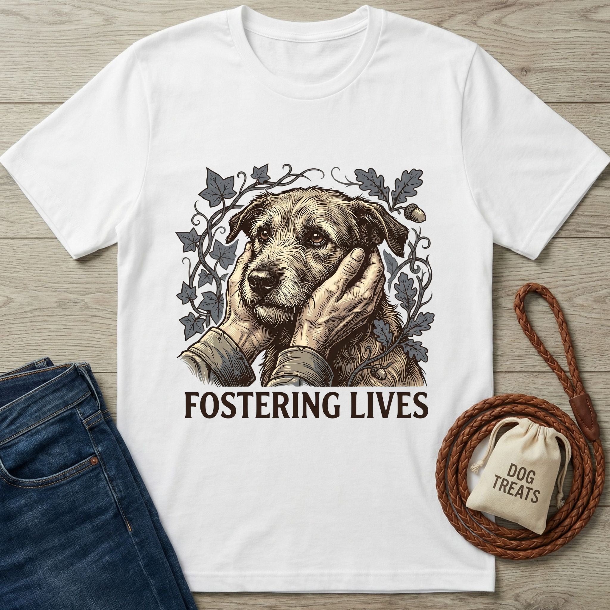 White Gildan Softstyle® 64000 tee with "Fostering Lives" and a graphic of hands petting a rescue dog.