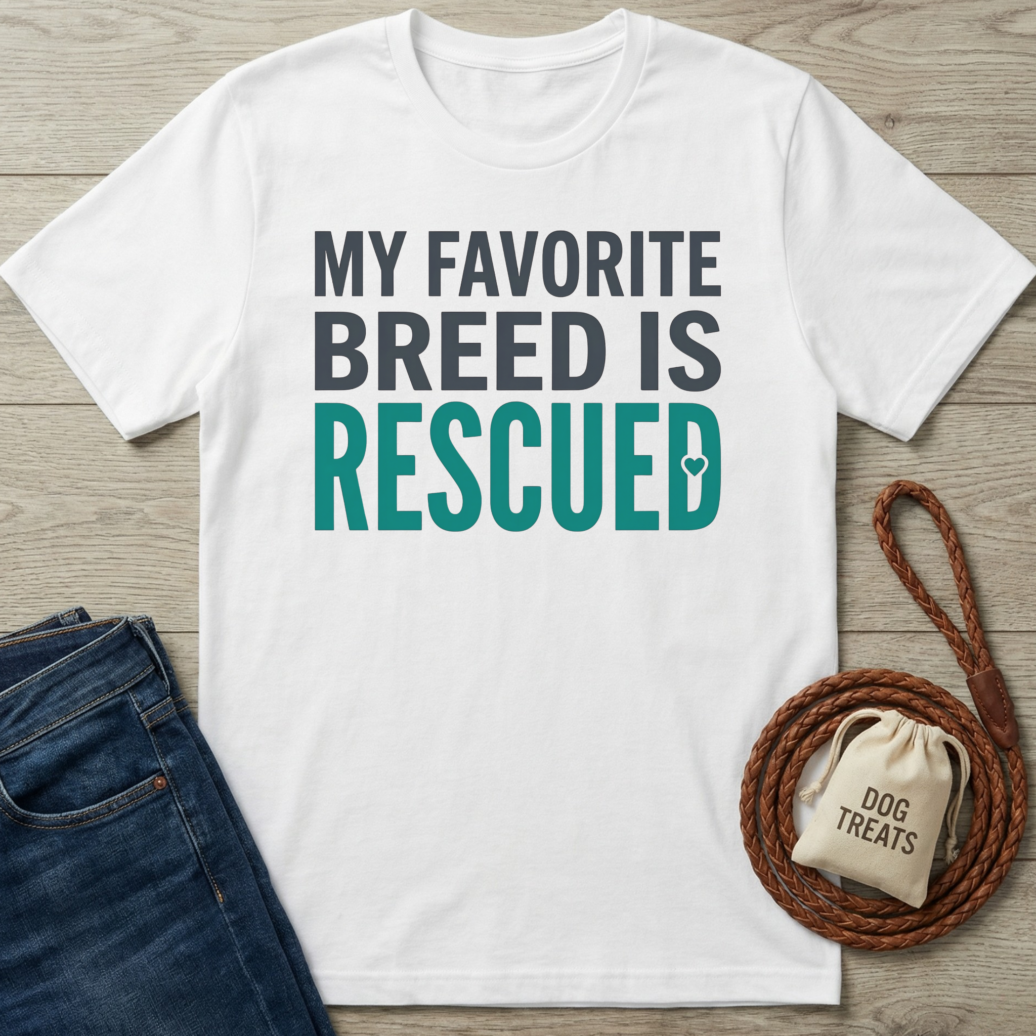 White cotton t-shirt with "My Favorite Breed Is Rescued" text in gray and teal, next to jeans and dog treats.