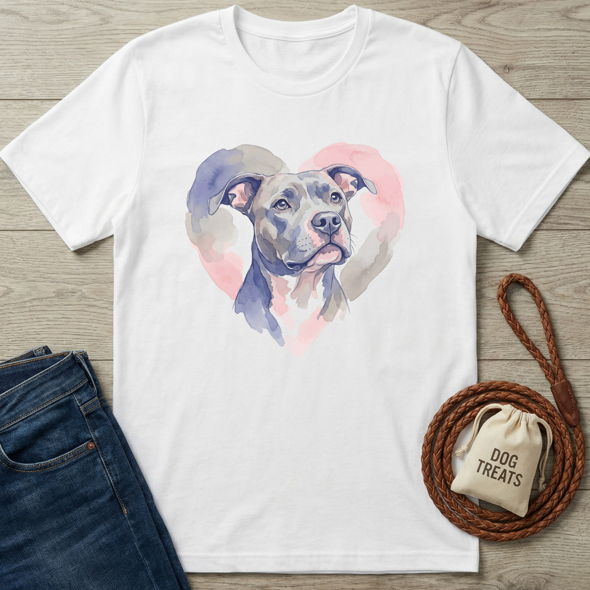 White cotton t-shirt with a watercolor pitbull portrait inside a pink and blue heart.