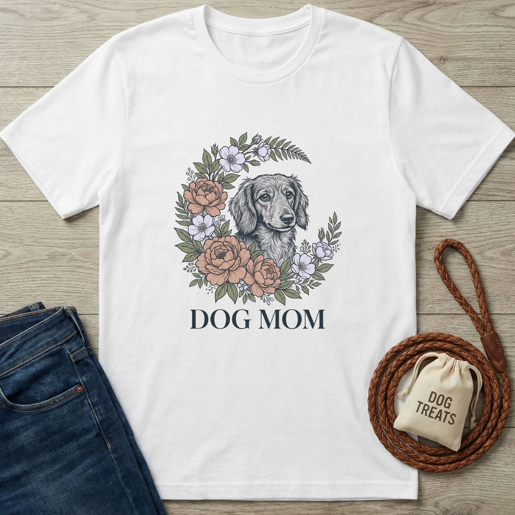White Gildan Softstyle Dog Mom t-shirt with a floral-framed dachshund graphic, next to jeans and a leash.