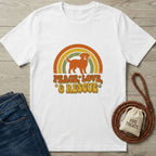 White Gildan Softstyle® t-shirt with a retro "Peace Love & Rescue" design featuring a dog and rainbow.