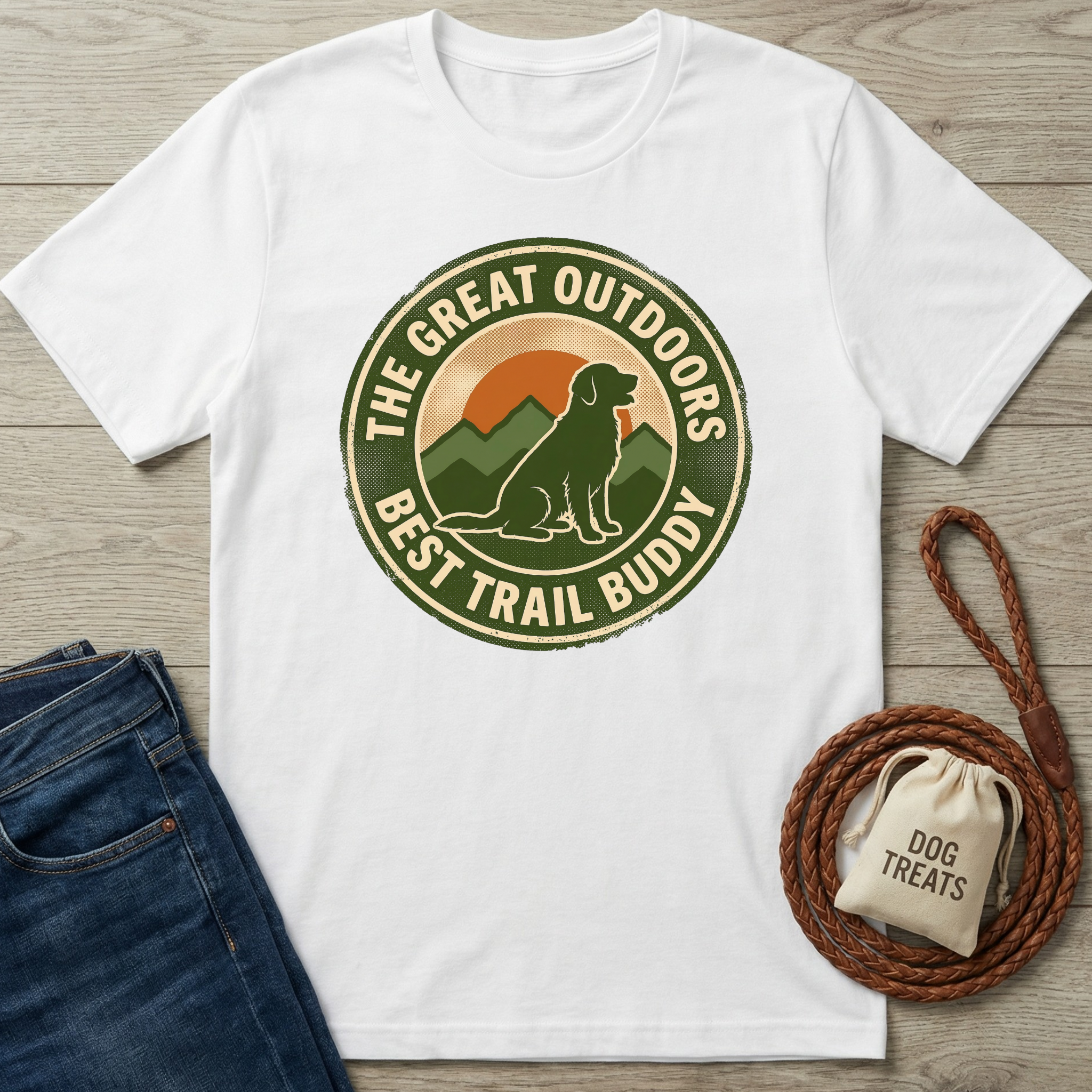 White cotton t-shirt with "The Great Outdoors Best Trail Buddy" graphic featuring a dog, mountains, and sun.
