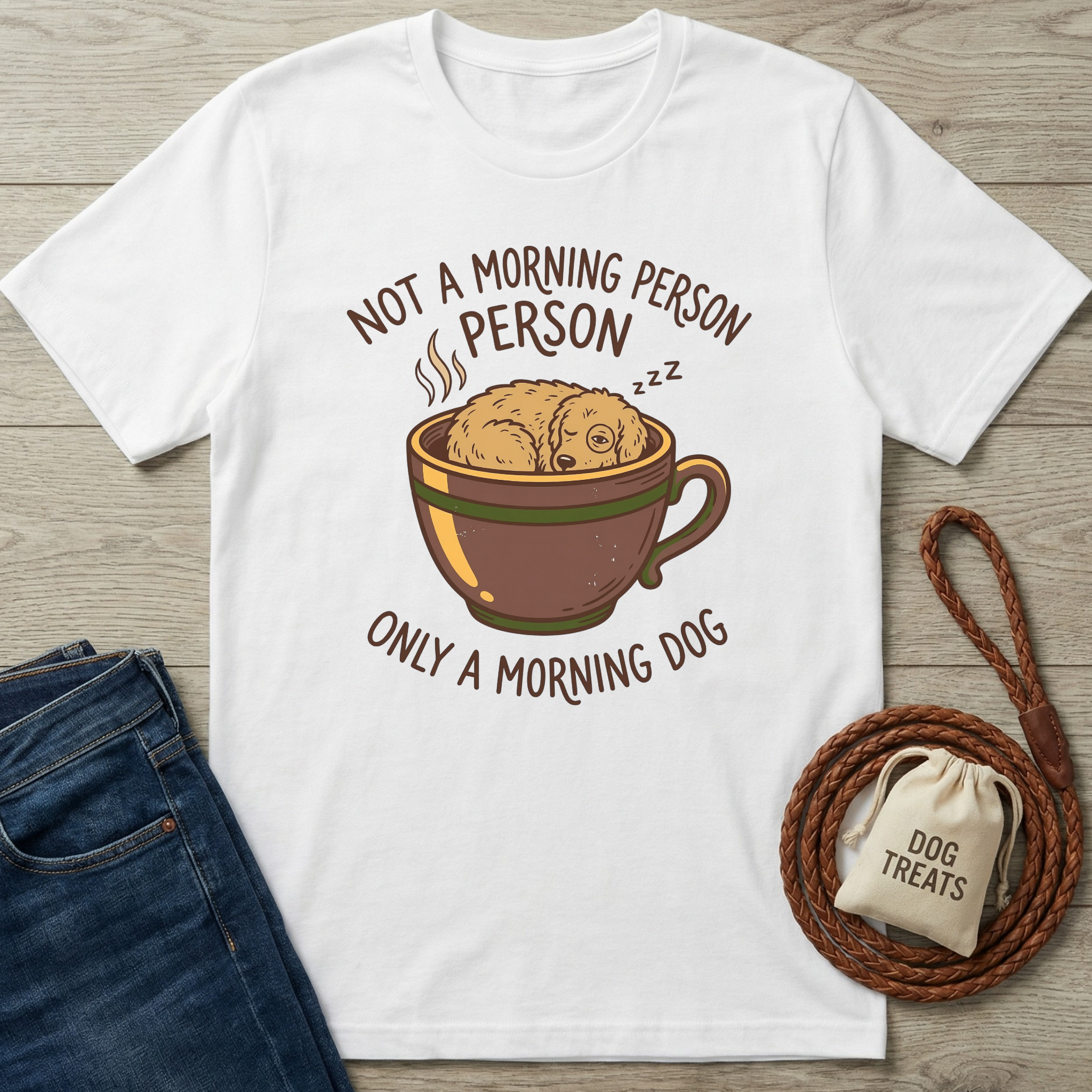 White cotton t-shirt with a sleeping dog in a coffee cup design and "Not a morning person, only a morning dog" text.