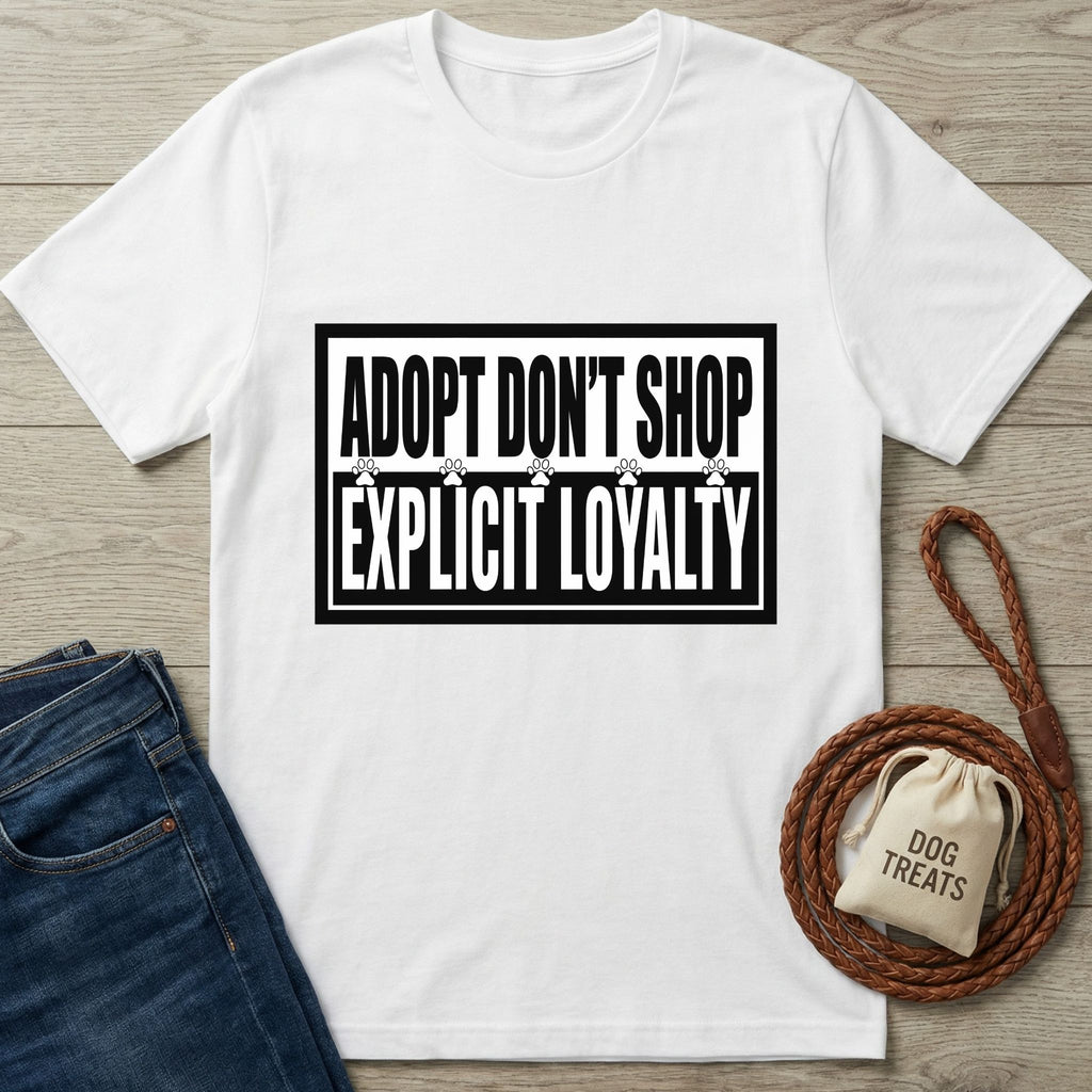 White Gildan Softstyle® t-shirt with "ADOPT DON'T SHOP EXPLICIT LOYALTY" text, next to jeans and dog treats.