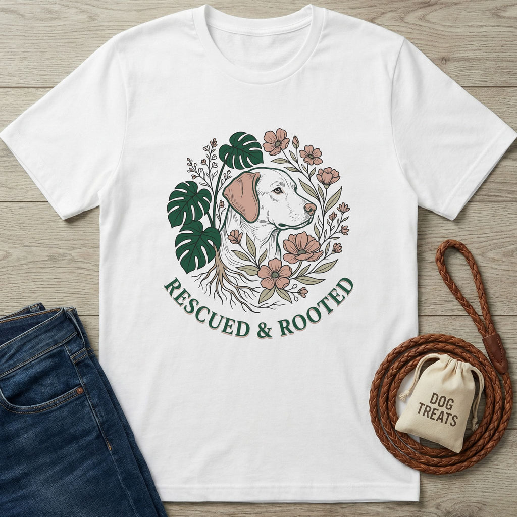 White Gildan Softstyle® t-shirt with "Rescued & Rooted" dog and floral graphic.