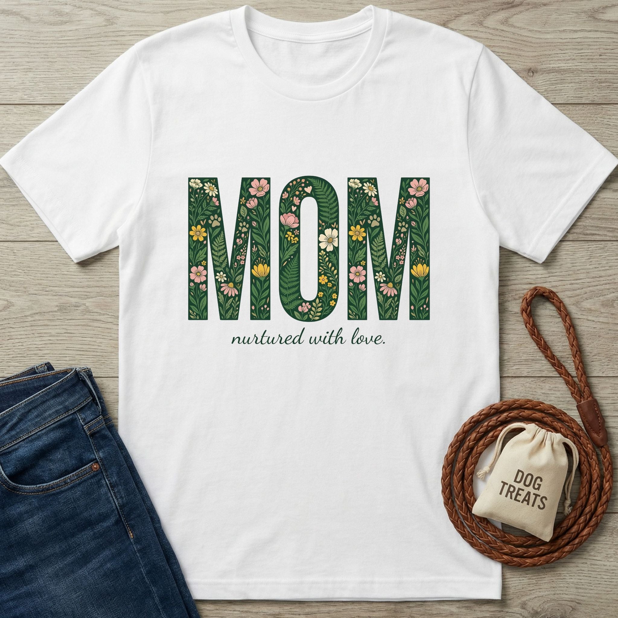 White Gildan Softstyle® 64000 t-shirt with "MOM nurtured with love" in floral green print.