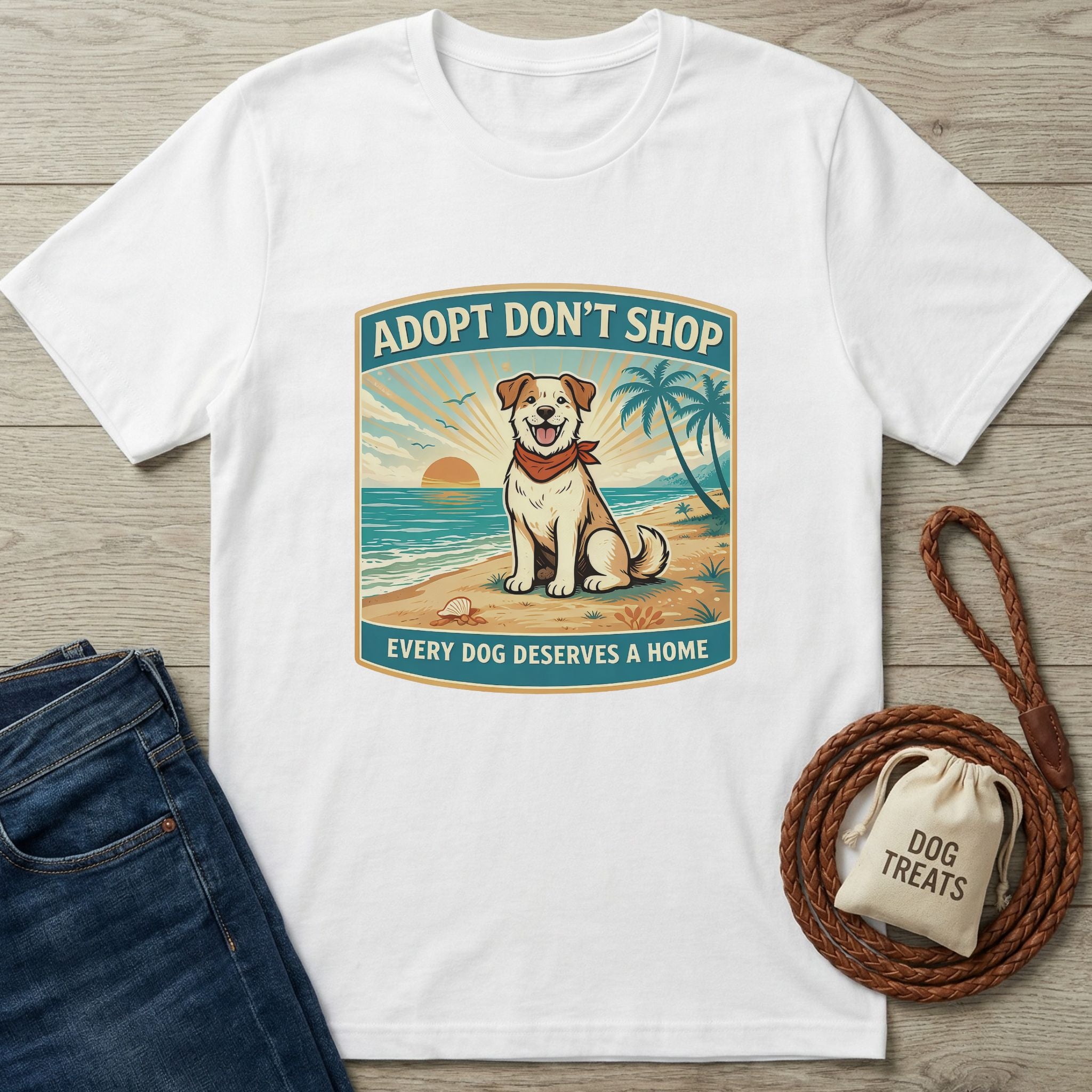 White Gildan Softstyle® t-shirt with "Adopt Don't Shop" beach dog graphic, paired with jeans and dog treats.