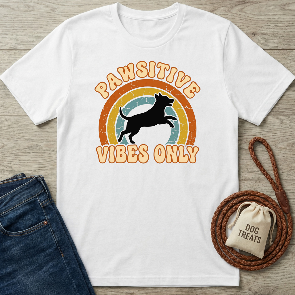 White cotton Pawsitive Vibes Only t-shirt with a jumping dog silhouette over a retro rainbow.