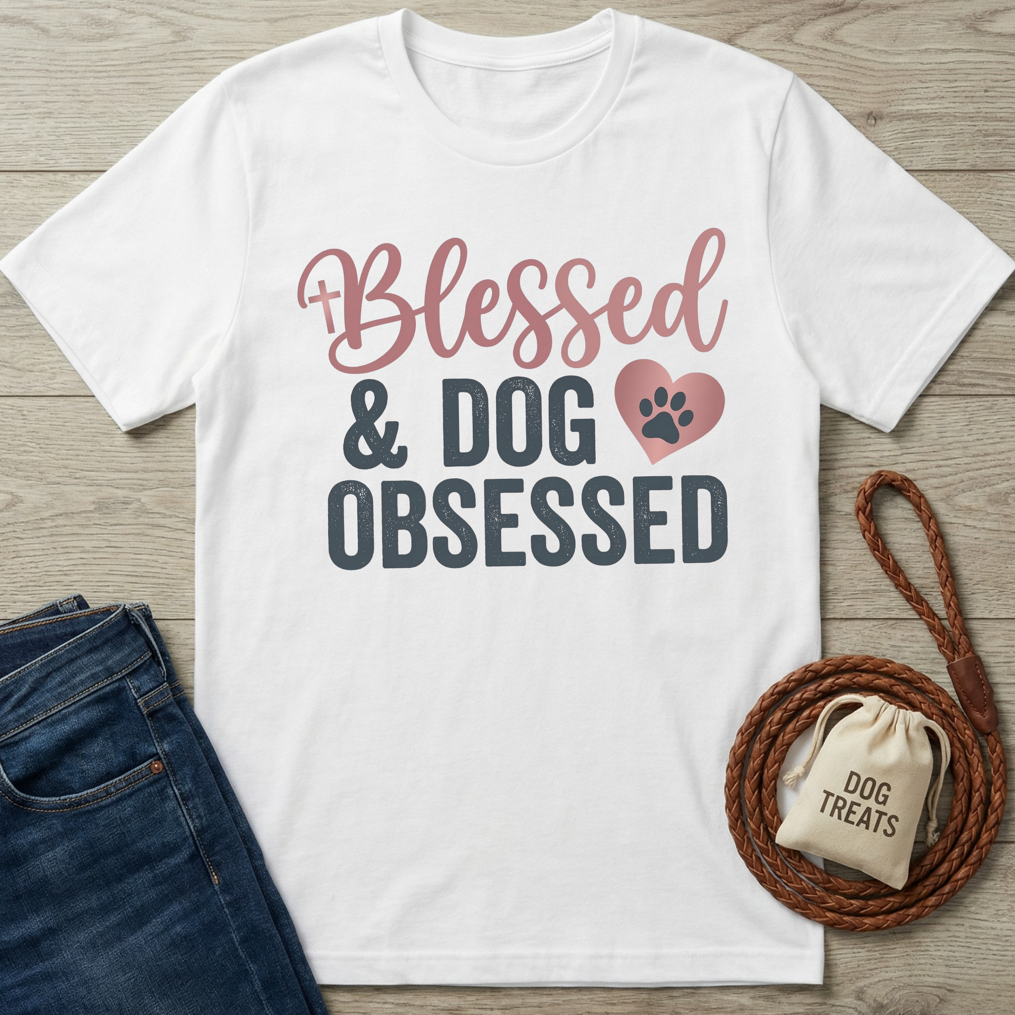 White cotton t-shirt with "Blessed & Dog Obsessed" text in pink and charcoal, next to jeans and dog treats.