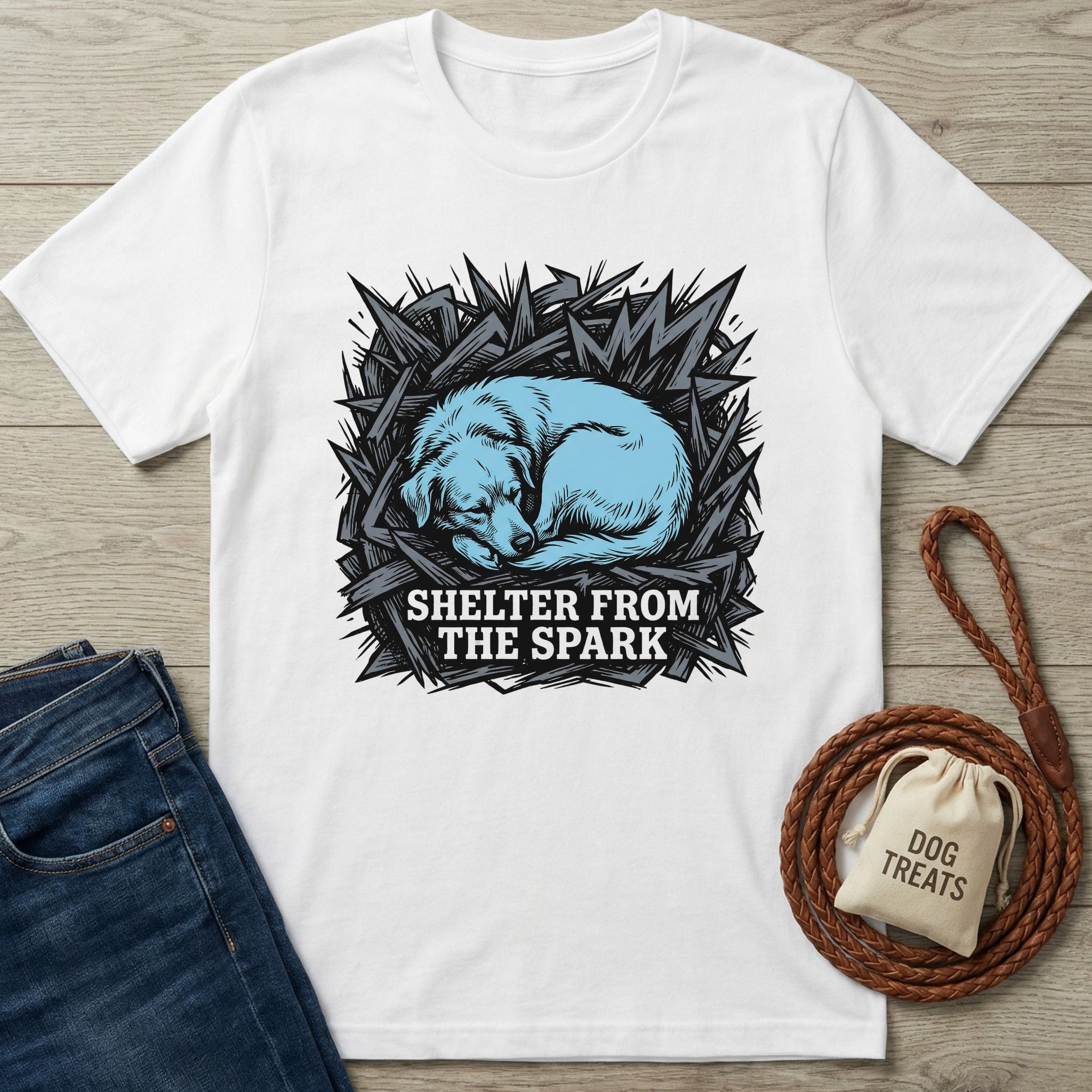 White Gildan Softstyle T-shirt with a blue sleeping rescue dog graphic and "Shelter From The Spark" text.