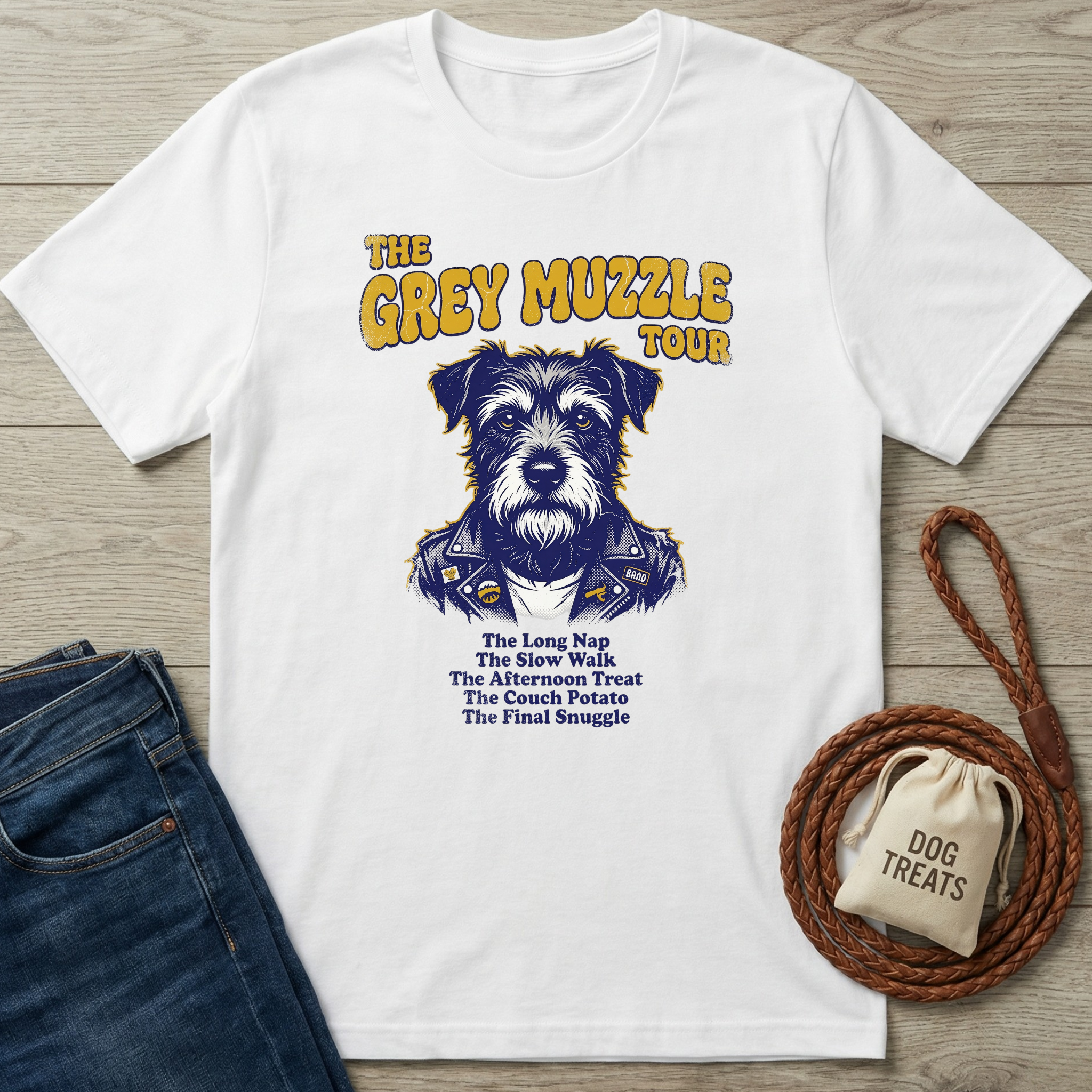 White cotton t-shirt with "The Grey Muzzle Tour" text and a cool dog in a leather jacket graphic.