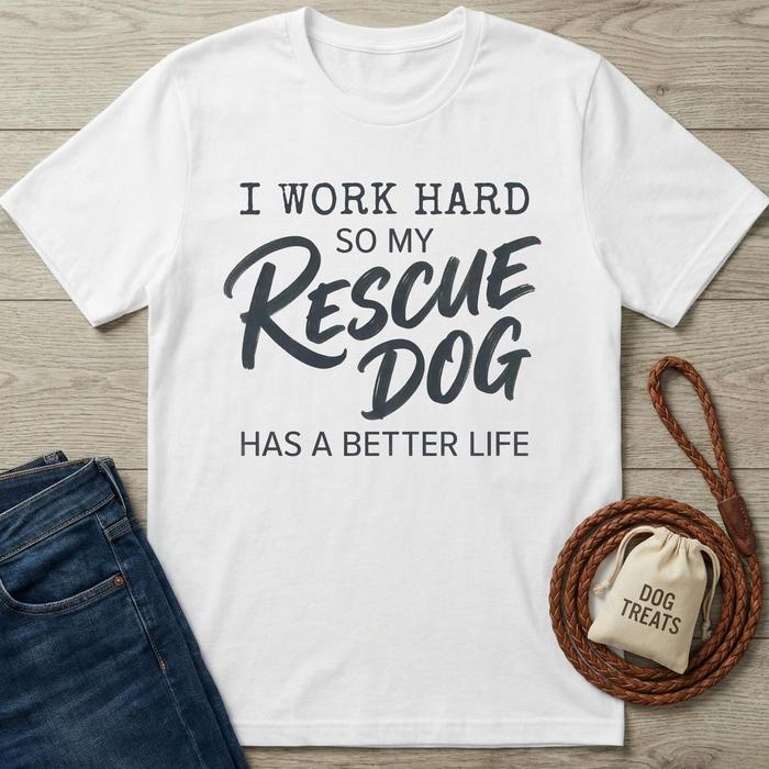 White cotton t-shirt with "I Work Hard So My Rescue Dog Has A Better Life" text.
