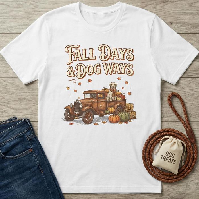 White cotton t-shirt with "Fall Days & Dog Ways" text, vintage truck, golden retriever, and pumpkins.