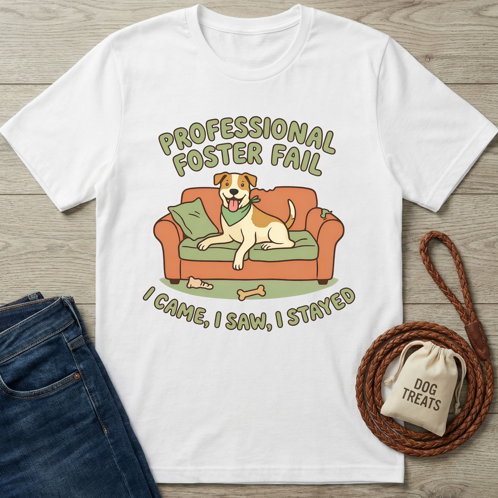 White cotton t-shirt with "Professional Foster Fail, I Came, I Saw, I Stayed" text and a dog on a couch graphic.