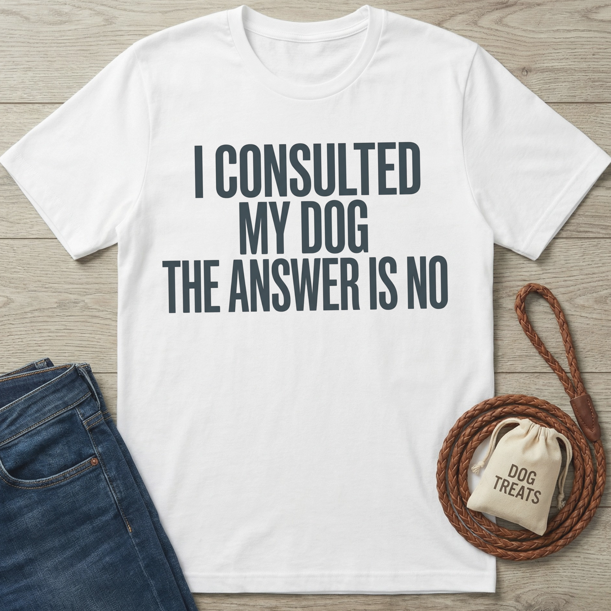 White cotton t-shirt with "I CONSULTED MY DOG THE ANSWER IS NO" text, next to jeans and dog treats.