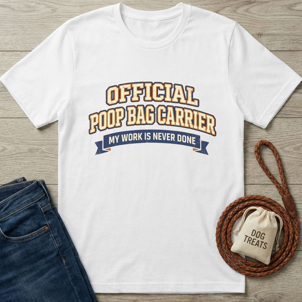 White Gildan Softstyle® t-shirt with "Official Poop Bag Carrier" text, next to jeans and dog leash.