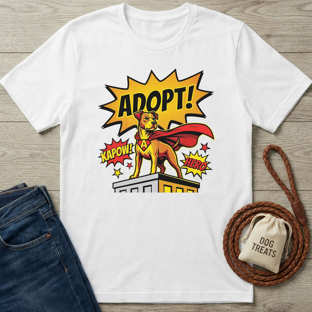 White Gildan Softstyle® t-shirt with a comic-style "ADOPT!" superhero dog graphic.
