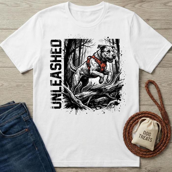 White "Unleased" T-shirt with a jumping dog in an orange harness, next to jeans and dog treats.