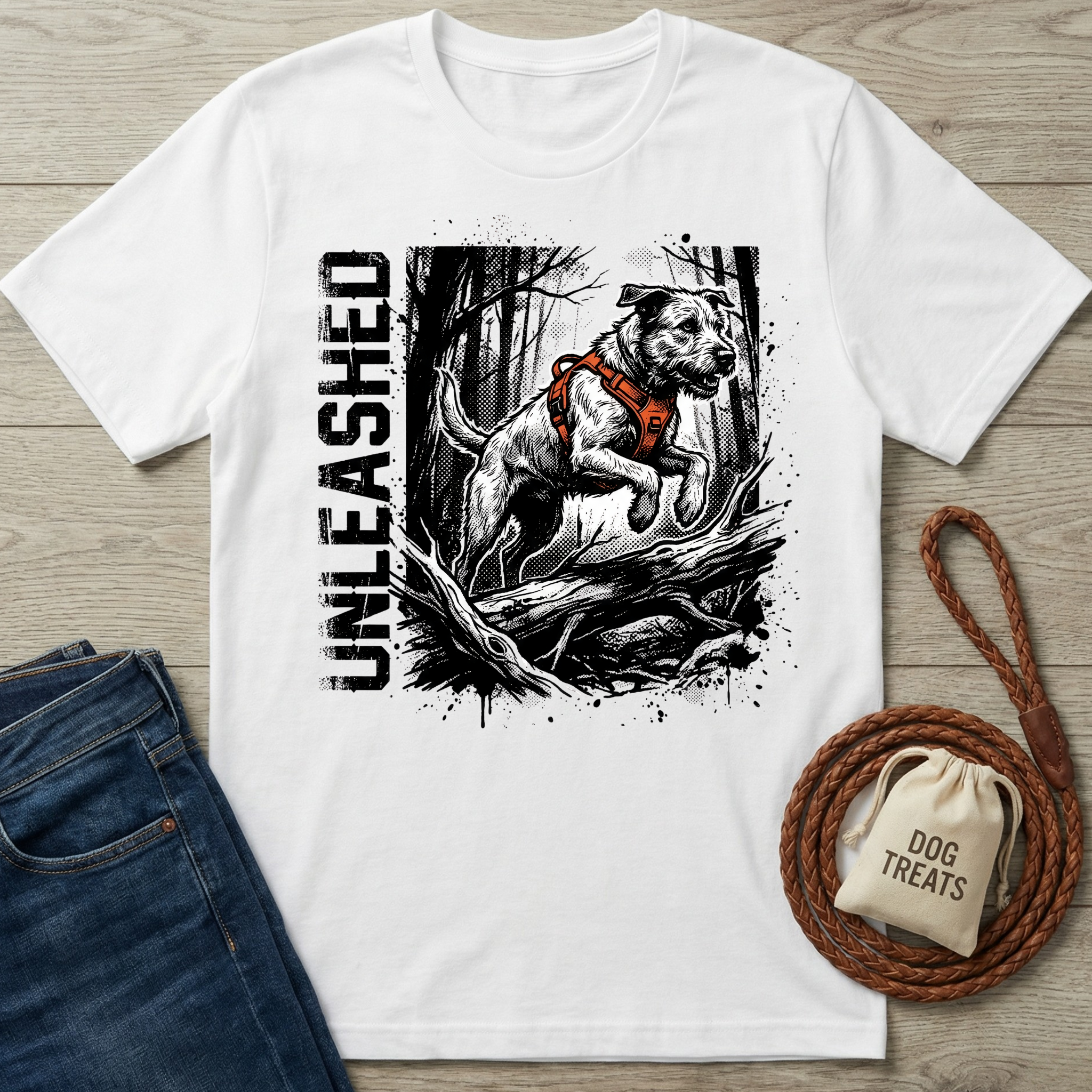 White "Unleased" T-shirt with a jumping dog in an orange harness, next to jeans and dog treats.