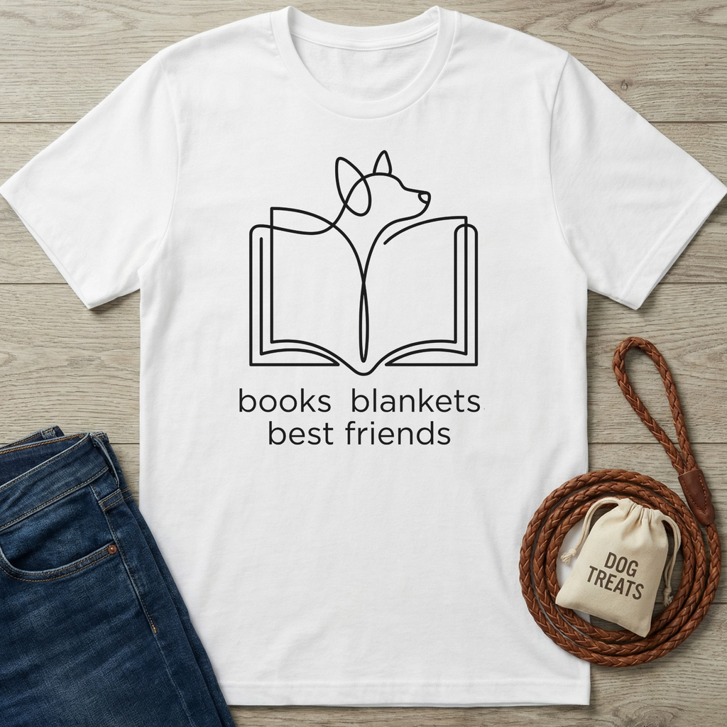 White cotton t-shirt with a black line art design of a dog reading a book, text "books blankets best friends".