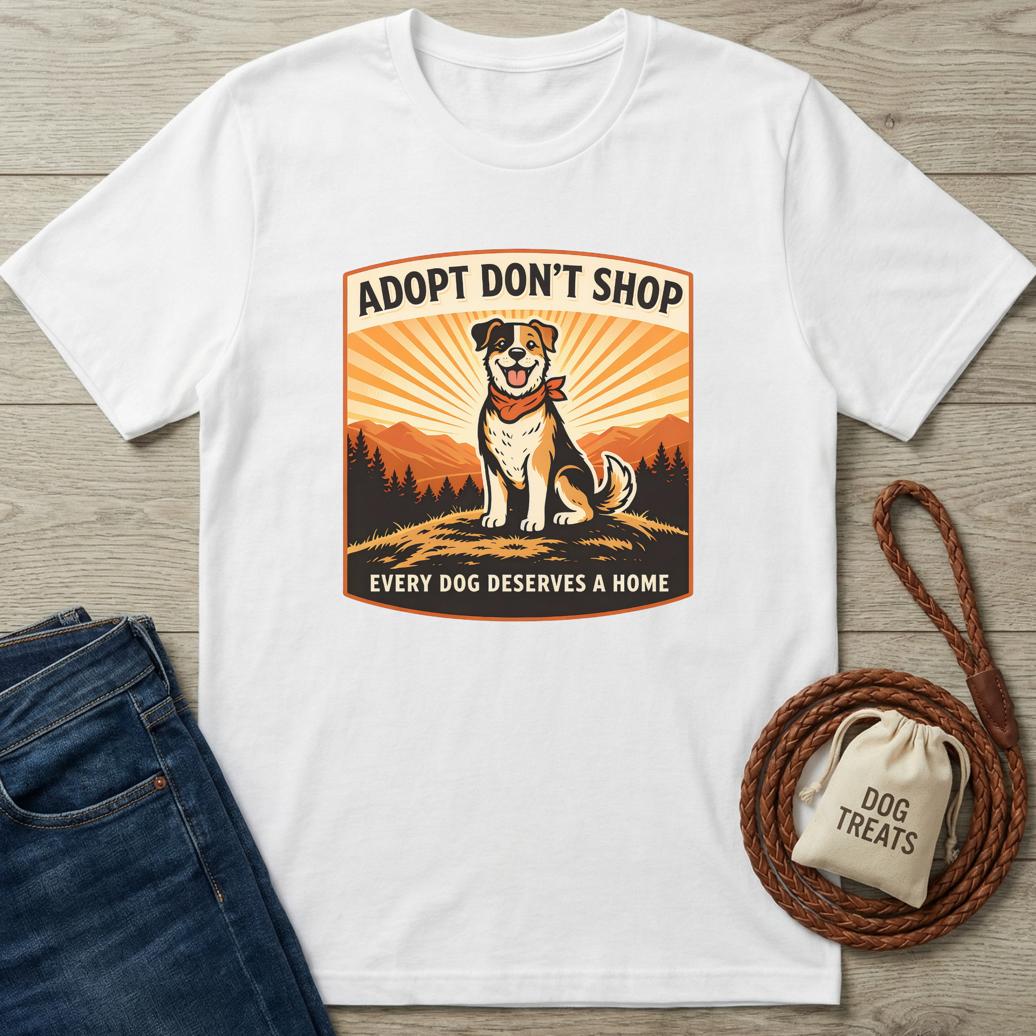 White cotton t-shirt with "Adopt Don't Shop" graphic featuring a happy mixed breed dog.