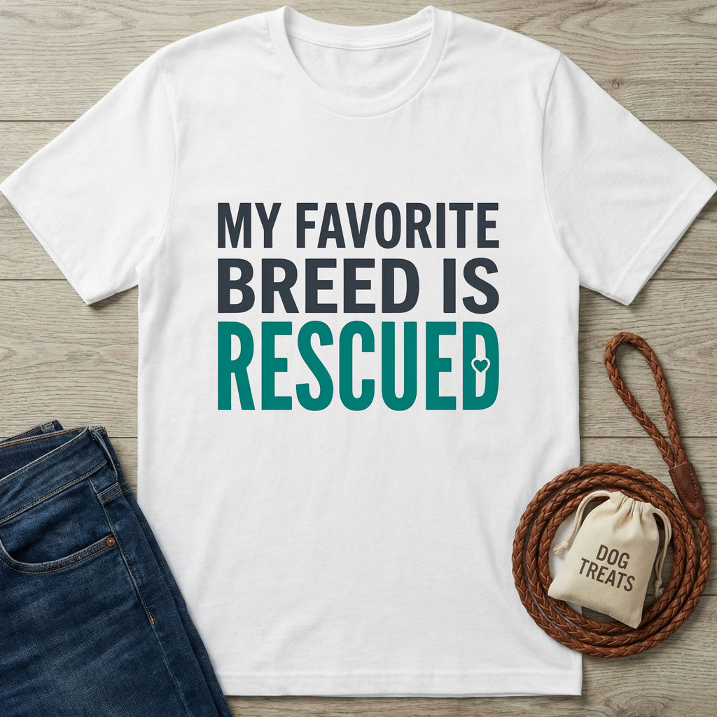 White Gildan Softstyle® 64000 t-shirt with "My Favorite Breed Is Rescued" text, shown with jeans and dog accessories.