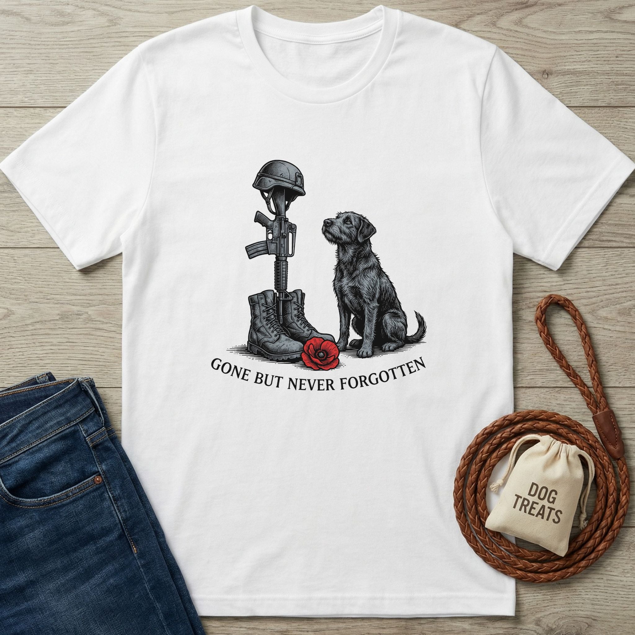 White Gildan Softstyle® t-shirt with a black rescue dog and military memorial graphic.