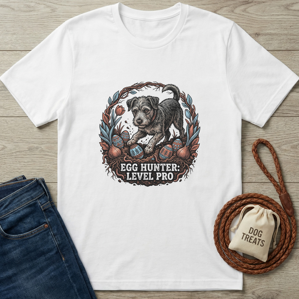 White Gildan Softstyle® t-shirt with "Egg Hunter: Level Pro" graphic featuring a dog and Easter eggs.